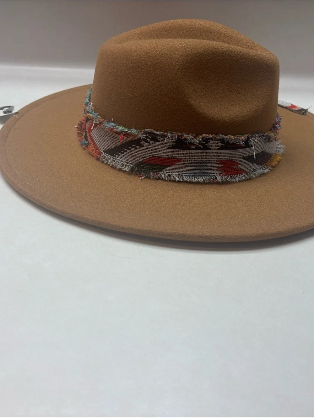 Women’s Tan Wide-Brim Felt Hat with Patterned Frayed Band